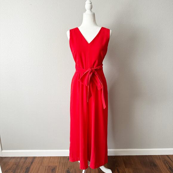 J. Crew Tie-Waist Bright Red Crepe Sleeveless V Neck Jumpsuit Women’s Size 8 - Picture 2 of 13